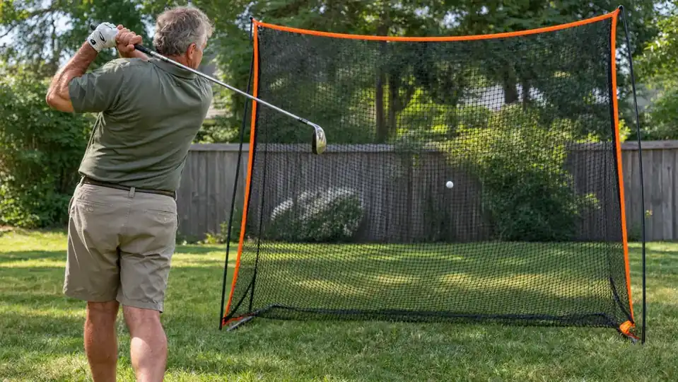 A golfer hitting a ball into a practice net in a backyard