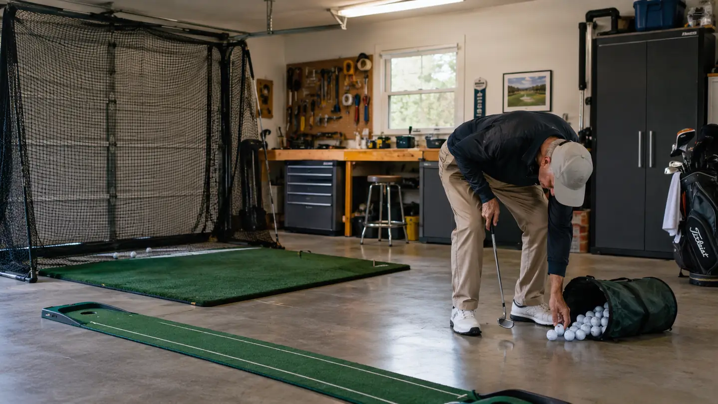 A golfer picking up golf balls from a shag bag beside a practice net in a garage