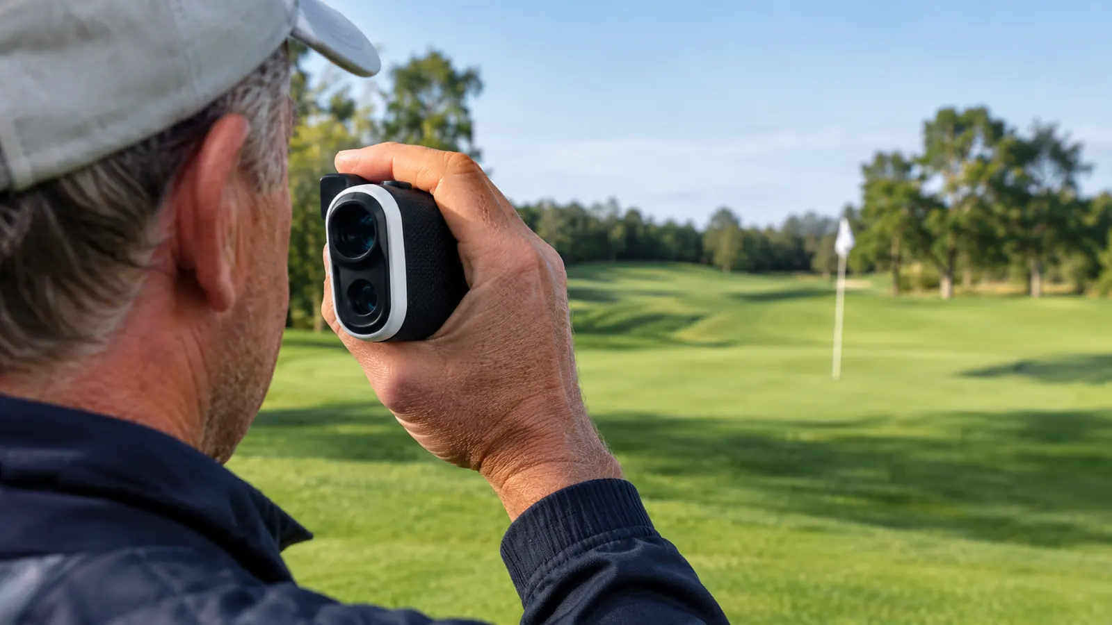 A golfer's hand holding a compact laser rangefinder while standing on a fairway, flagstick visible in the distance