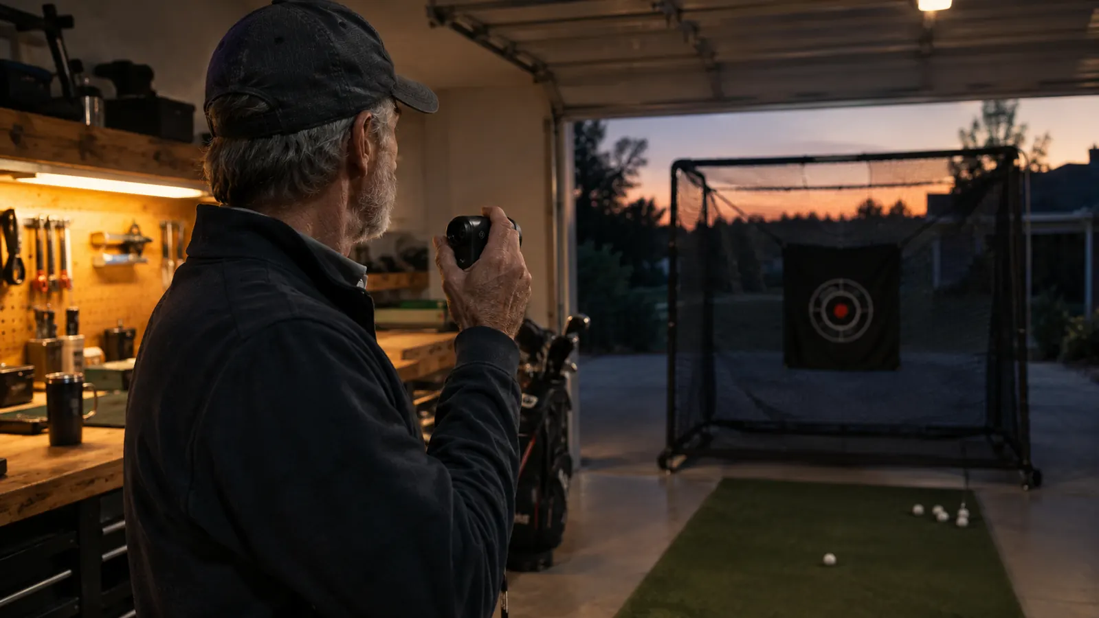 A golfer checking a rangefinder reading next to a practice net in a garage at dusk
