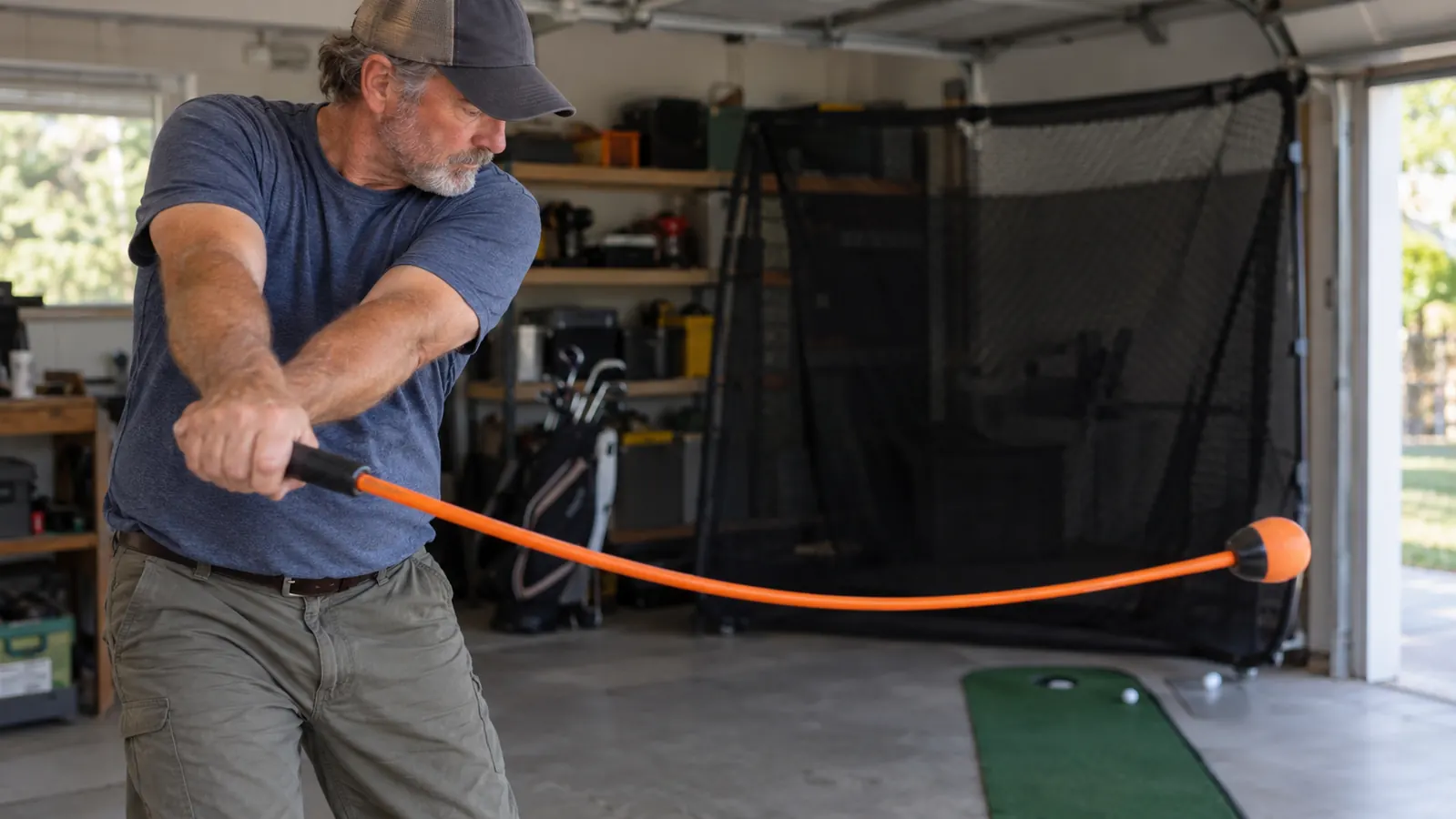 a golfer mid-swing with a training aid in a home garage next to a practice net