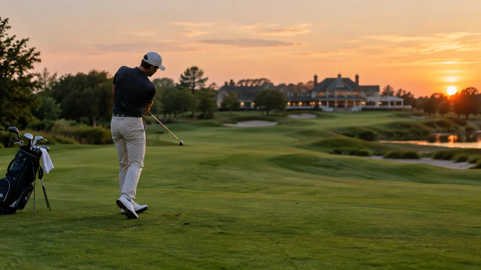 a golfer taking a relaxed practice swing on a fairway at dusk