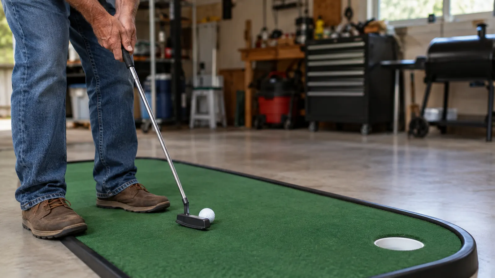 A golfer's hands holding a putter over an indoor putting green with a ball near the cup