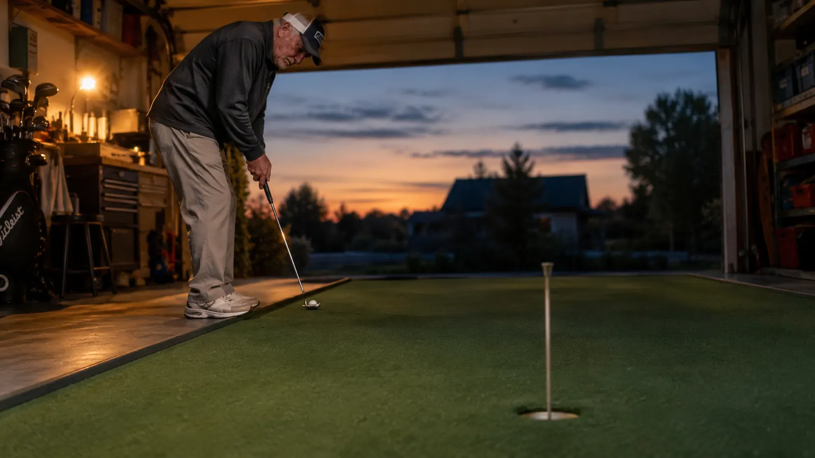 A golfer lining up a putt on an indoor putting green in a garage at dusk