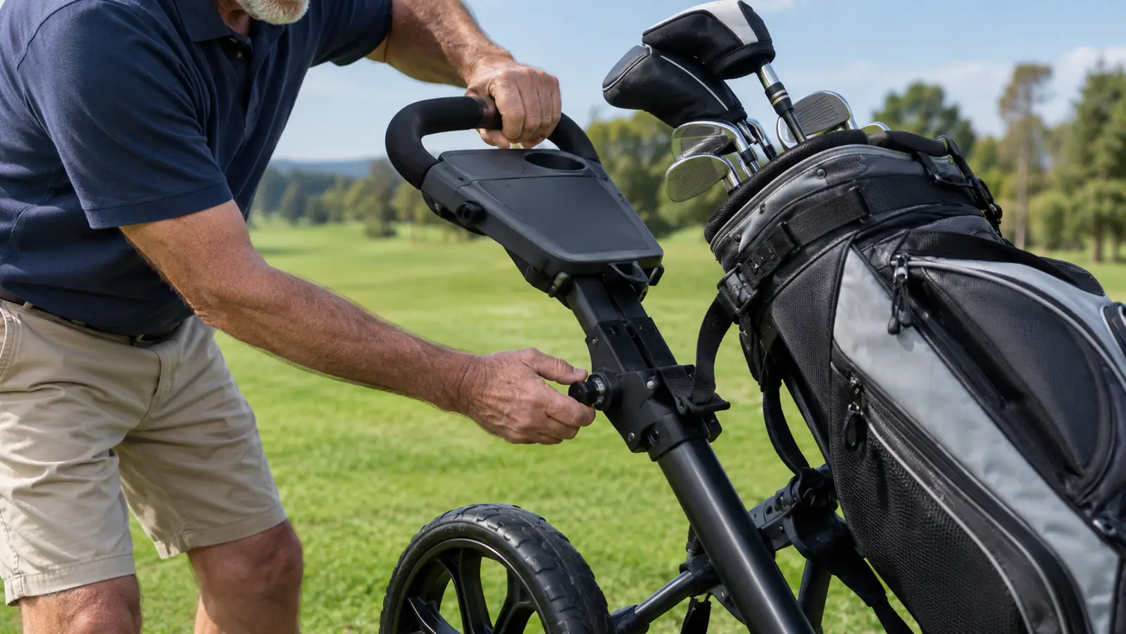 A golfer's hand adjusting the handle of a three-wheel golf push cart beside a golf bag on the grass