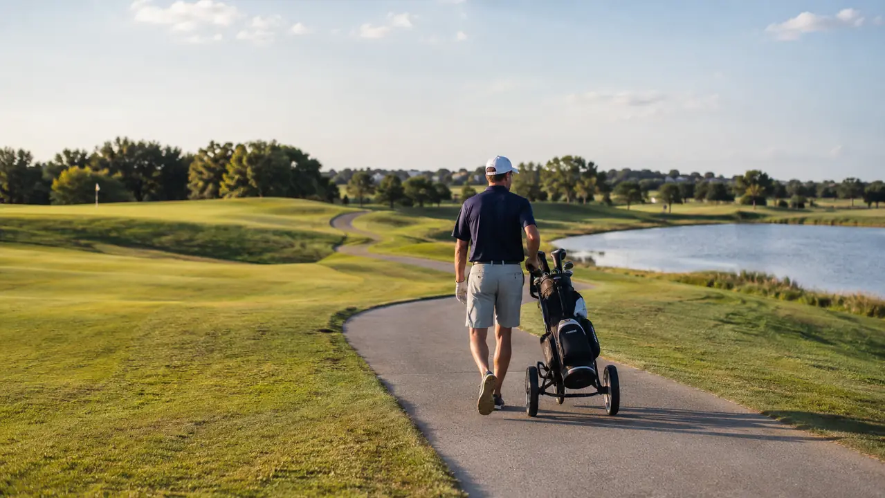A golfer walking a cart path between two holes on a sunny afternoon