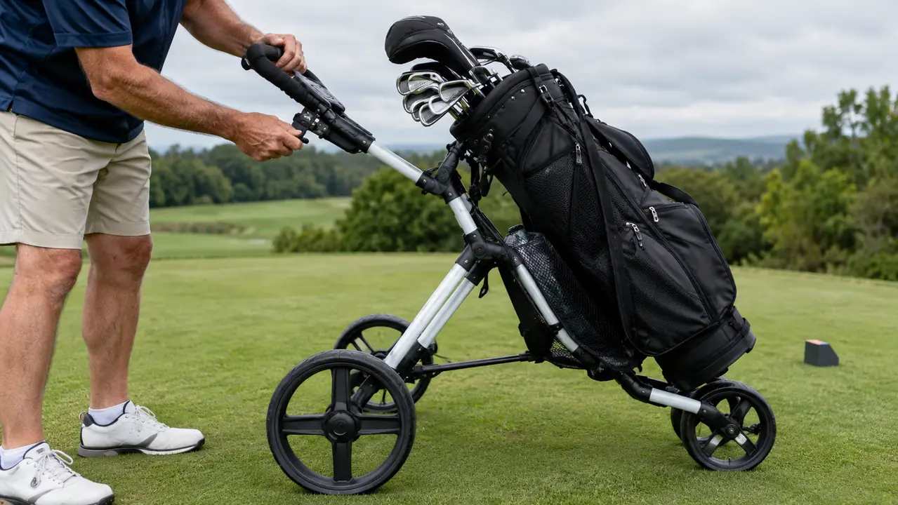 A golfer's hand adjusting the handle of a three-wheel golf push cart beside a bag on a tee box