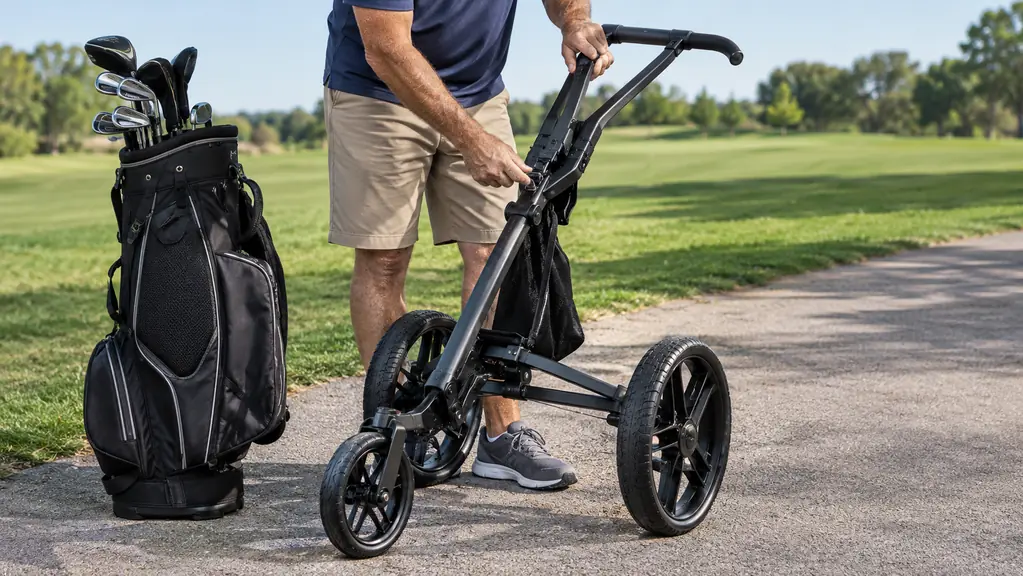 A golfer's hand folding down the handle of a three-wheel golf cart beside a golf bag on a cart path