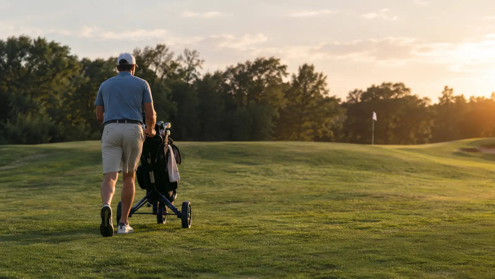 A golfer walking a hilly fairway while pushing a three-wheel golf cart, with a treeline behind