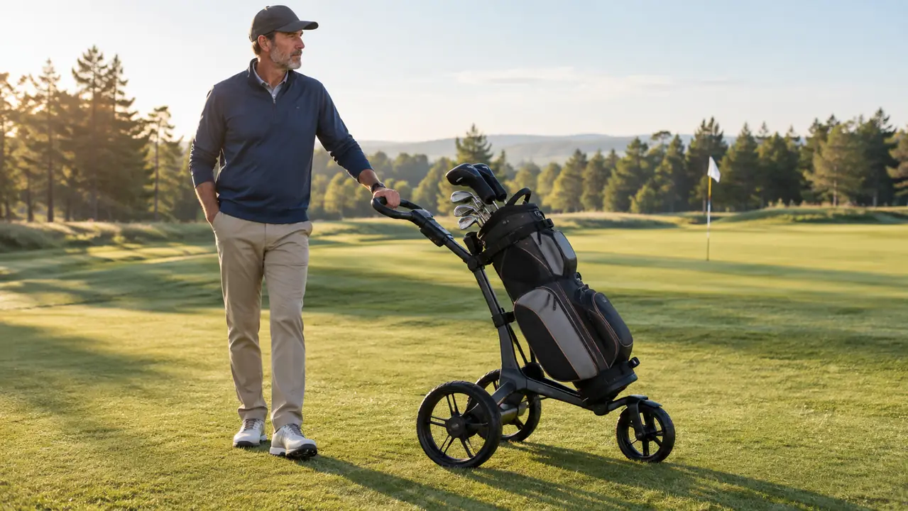 A three-wheel golf push cart with a golf bag in place, standing on a mowed fairway