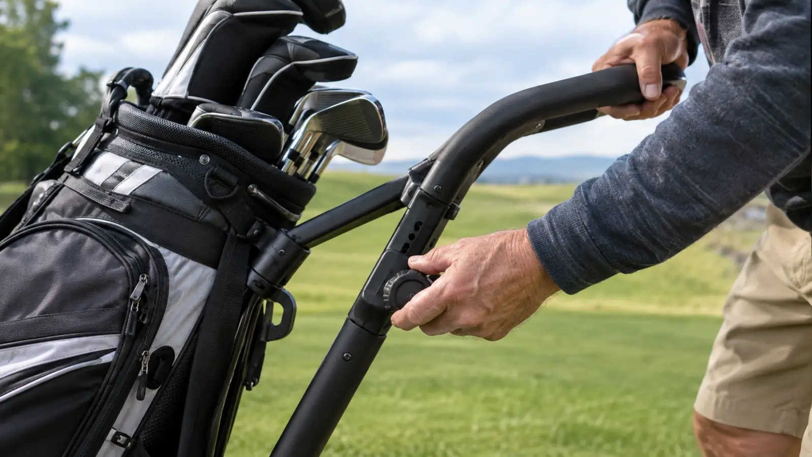 A golfer's hand adjusting the handle height on a three-wheel push cart beside a golf bag
