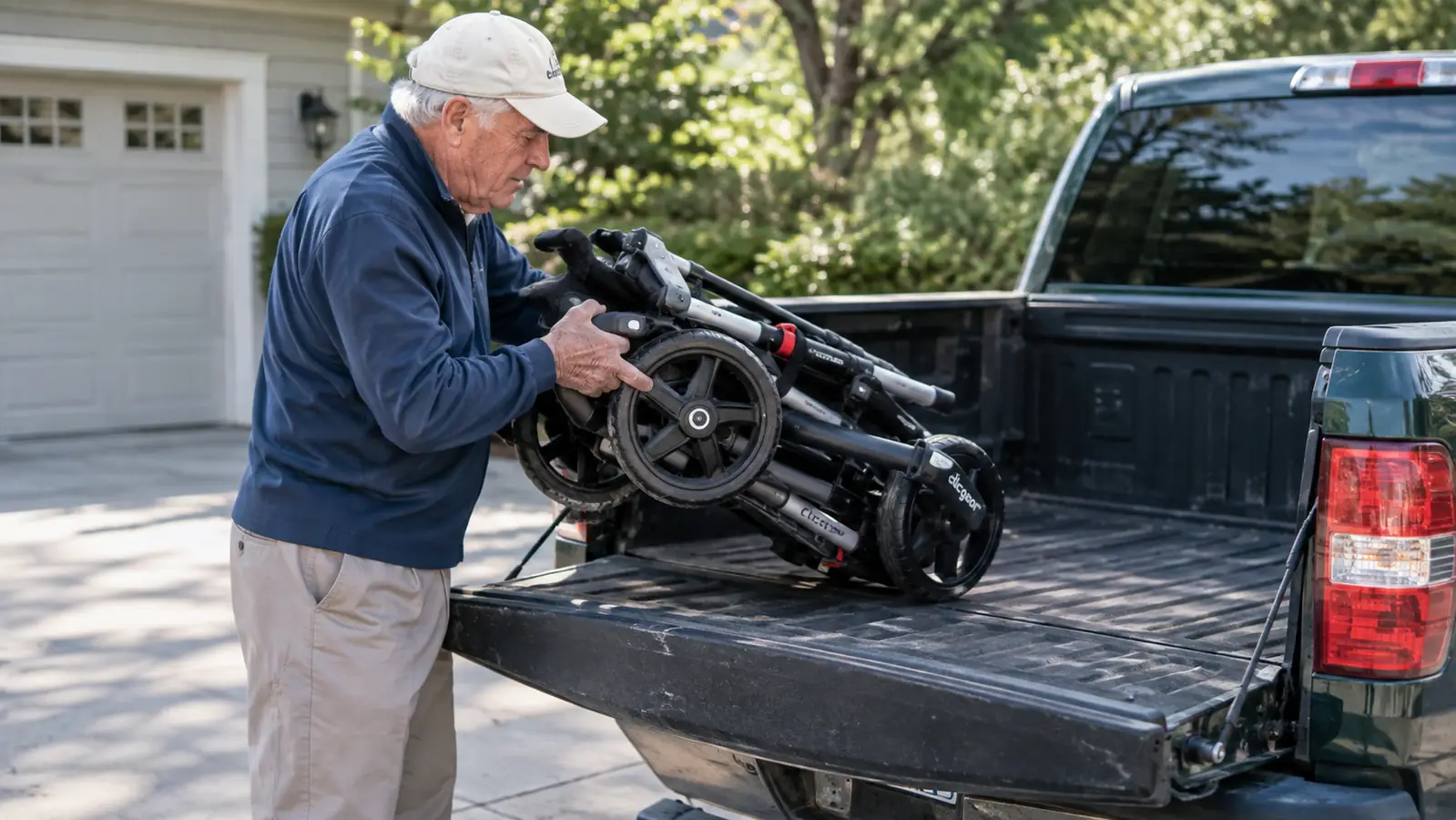 A golfer folding a three-wheel push cart in the bed of an older pickup truck