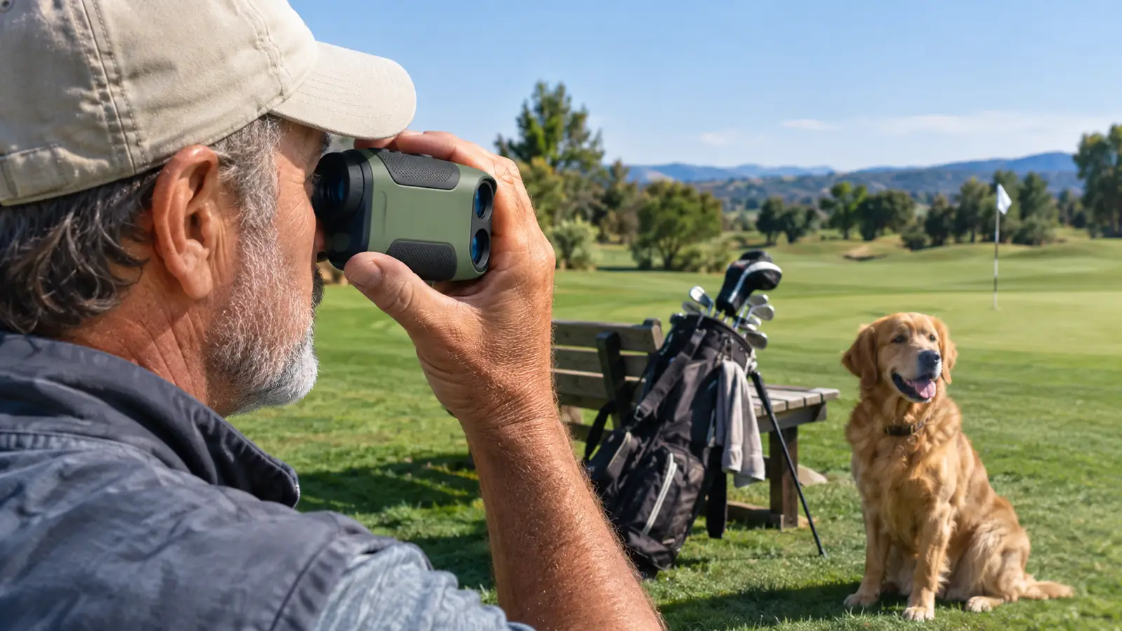 A golfer's hand holding a compact laser rangefinder while a large dog sits on the grass beside a golf bag