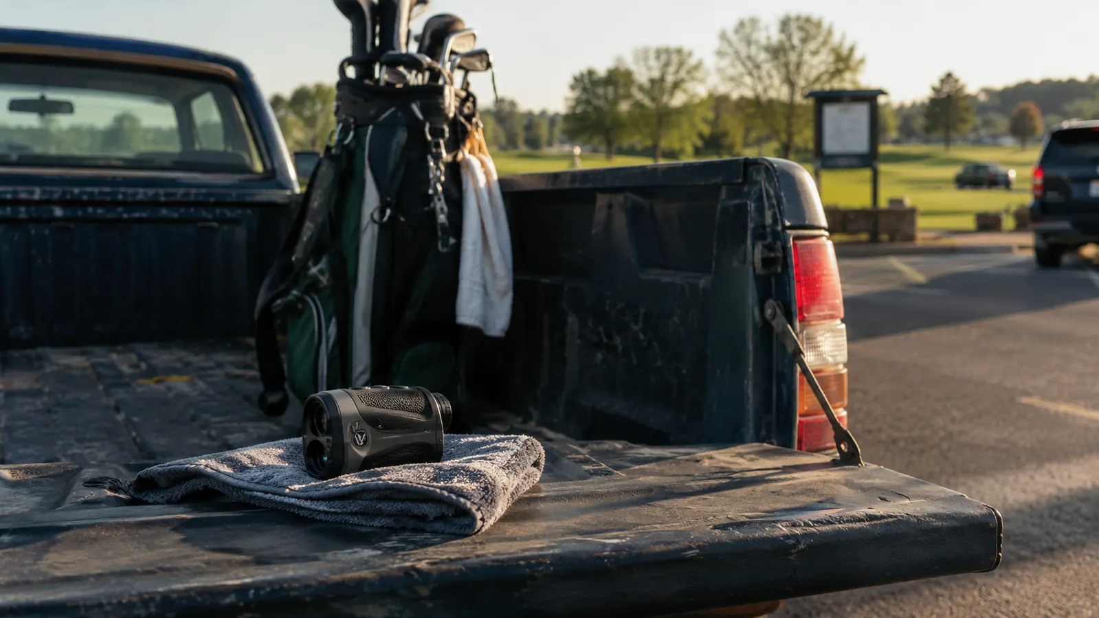 A rangefinder resting on a folded towel on a pickup truck tailgate beside a golf bag