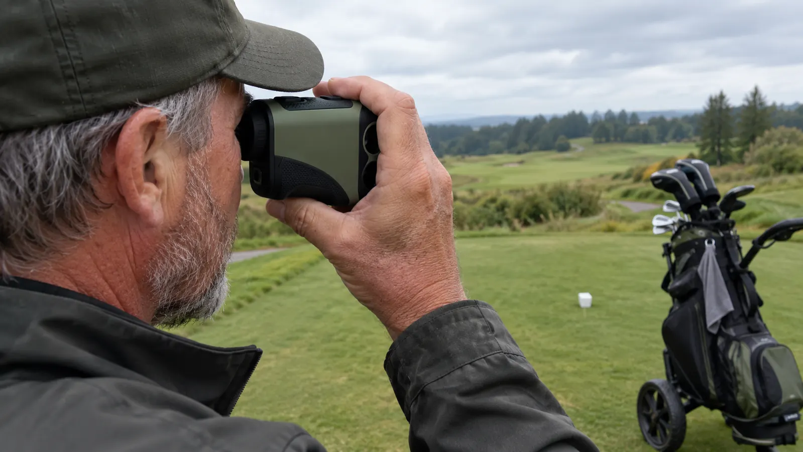 A golfer's hand holding a rangefinder while a golf bag and cart sit nearby on the tee box