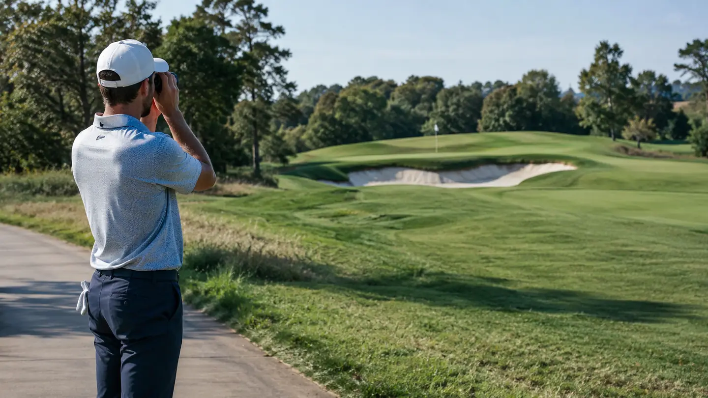 A golfer standing on a cart path aiming a rangefinder at a distant green with a bunker in front
