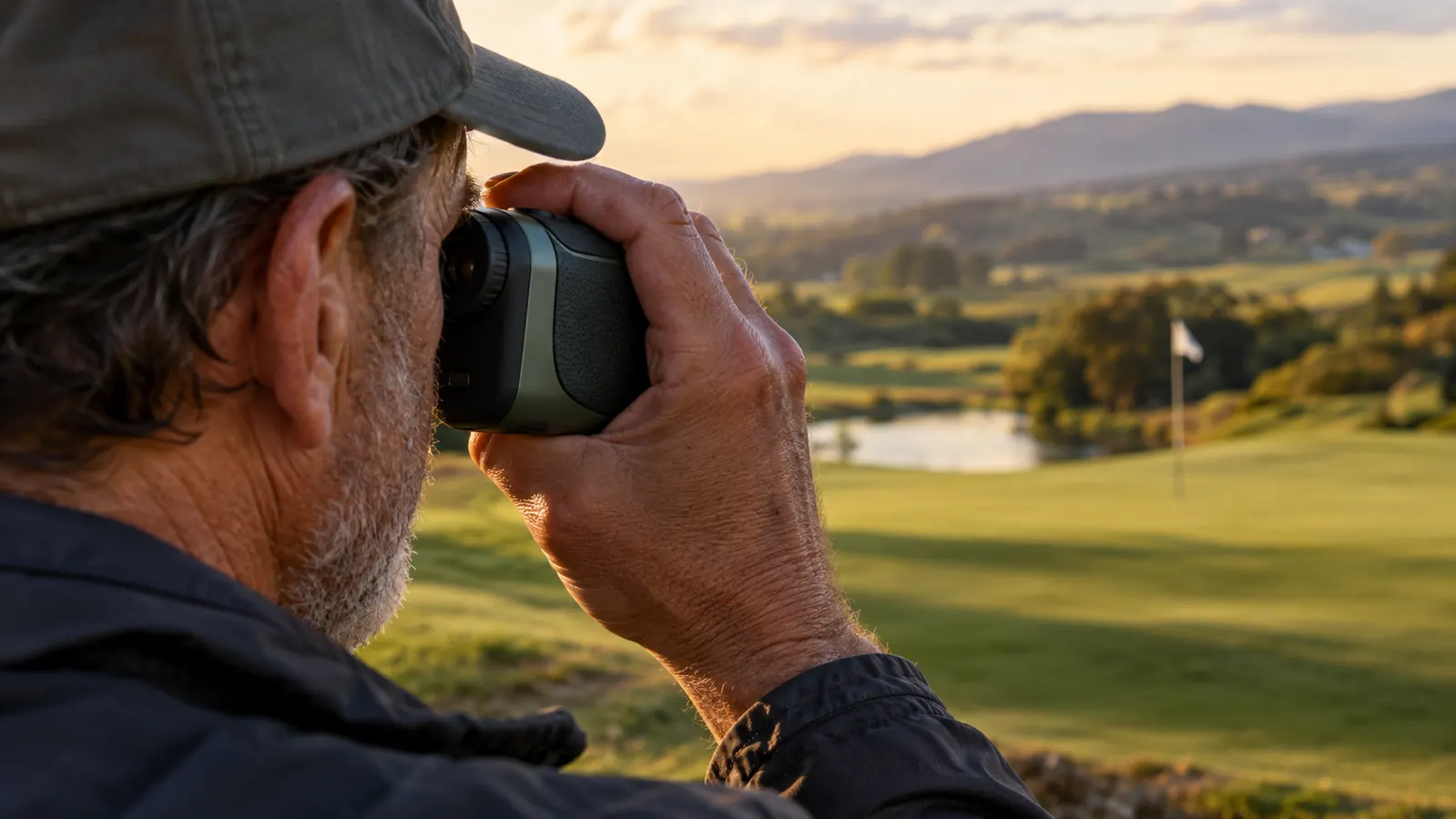 close view of a hand holding a rangefinder aimed at a flag on a fairway