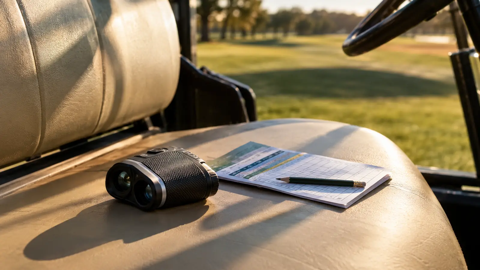 a rangefinder on a golf cart seat beside a scorecard and pencil