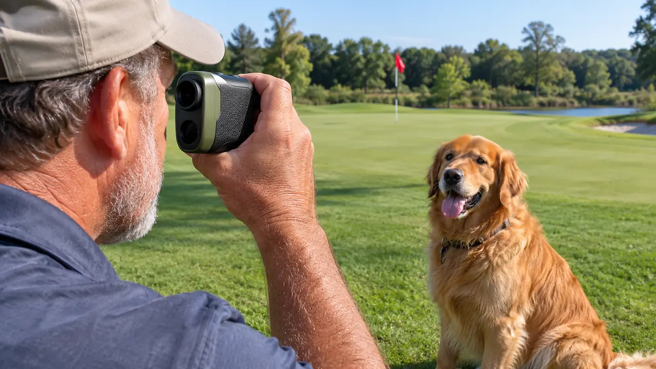A golfer's hand holding a rangefinder steady while a large dog sits nearby on the grass