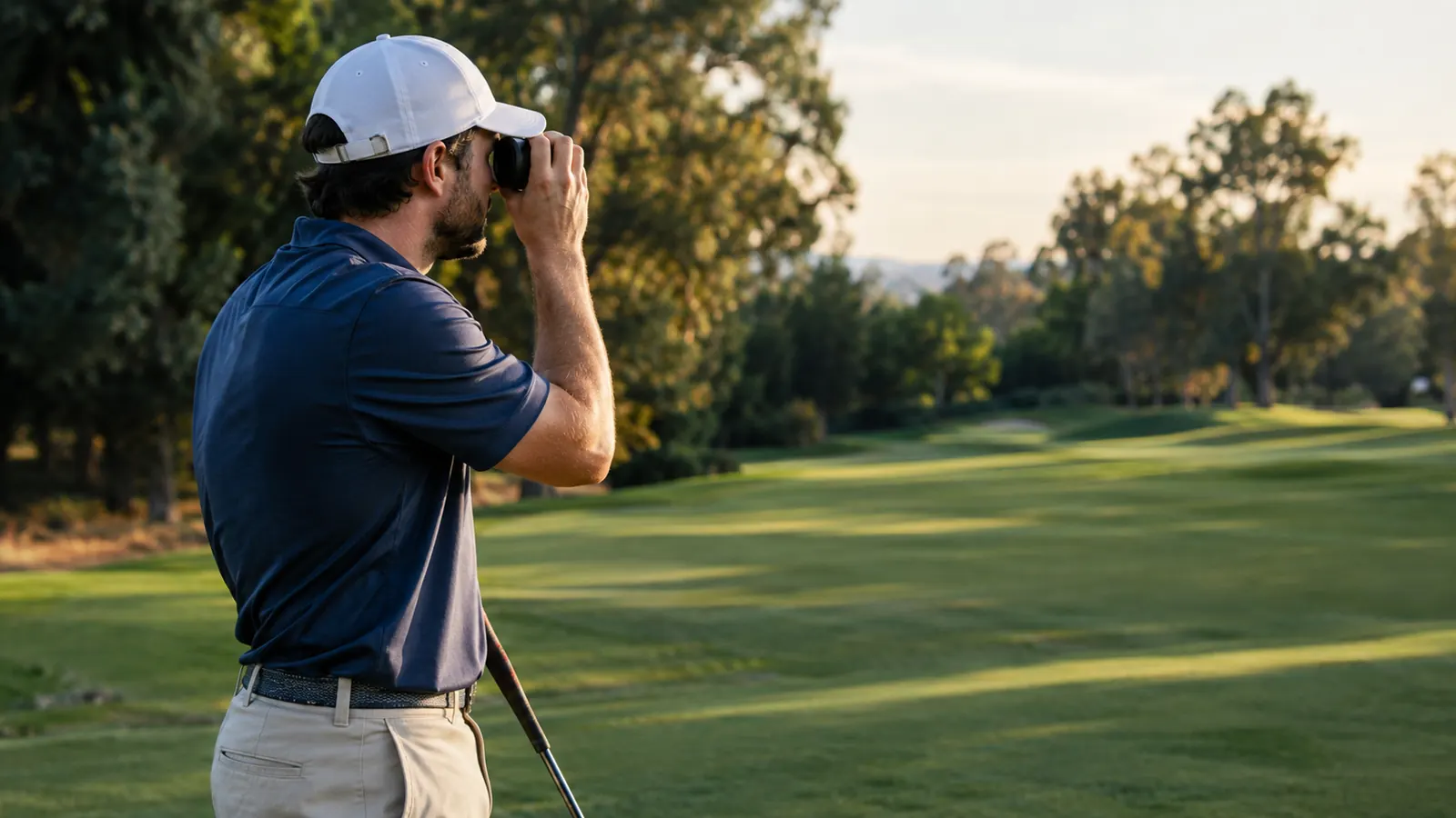 A golfer lining up a shot from the fairway with a rangefinder, late afternoon light