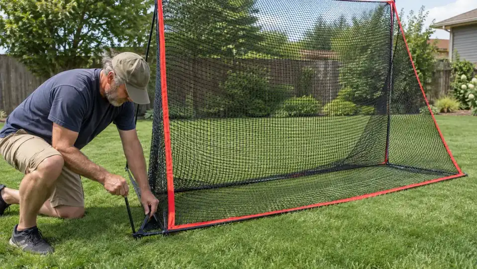 A golfer setting up a large practice net on a flat backyard lawn
