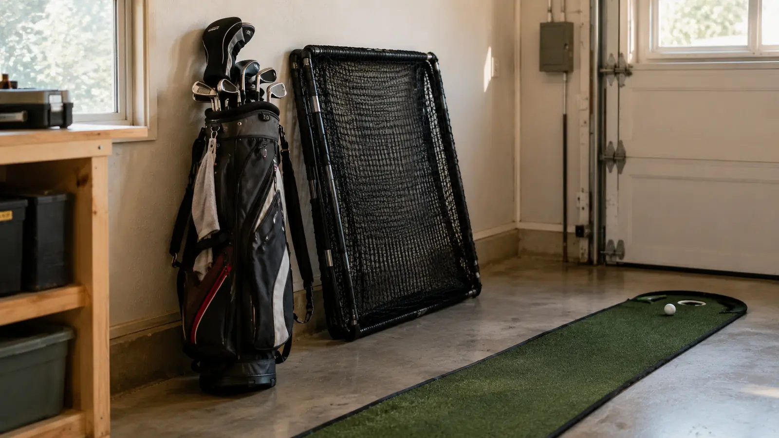 A golf bag leaning against a garage wall beside a practice net and a small putting mat