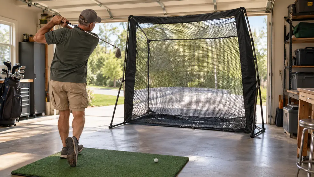 A golfer mid-swing on a hitting mat aiming into a large golf hitting net inside a garage