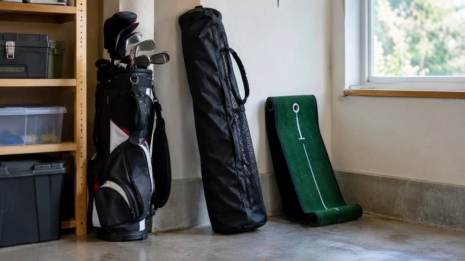 A folded golf hitting net in its carry bag leaning against a garage wall beside a golf bag
