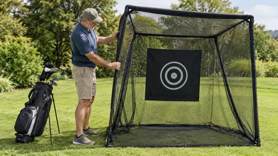 A golfer setting up a large practice net on a lawn, with a golf bag and clubs nearby