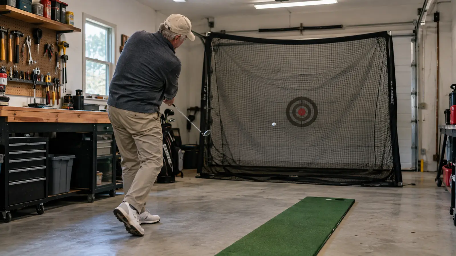 A golfer hitting a ball into a practice net in a garage, with a putting mat on the floor