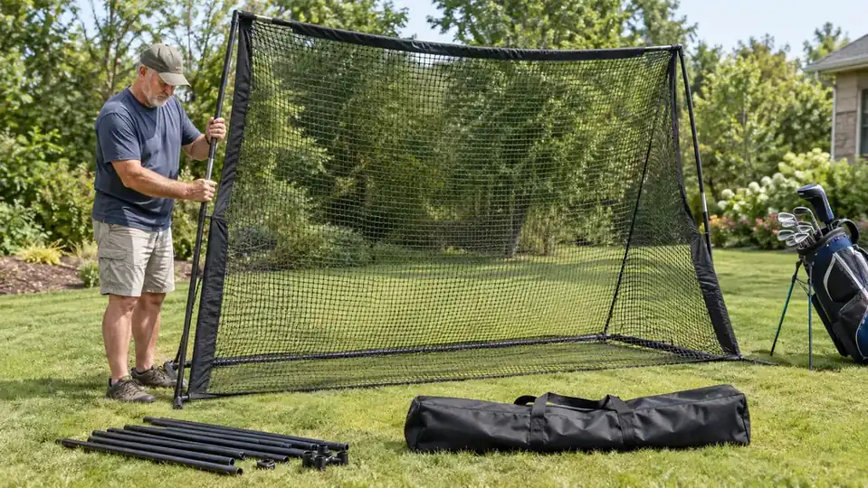 A golfer setting up a large hitting net on a lawn, with a golf bag beside them