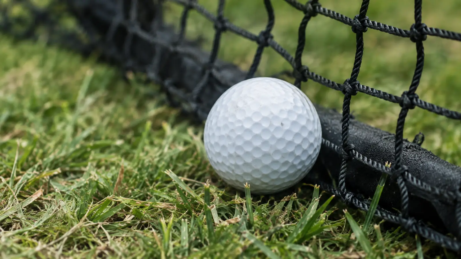 A close view of a golf ball resting against the netting of a practice net after impact