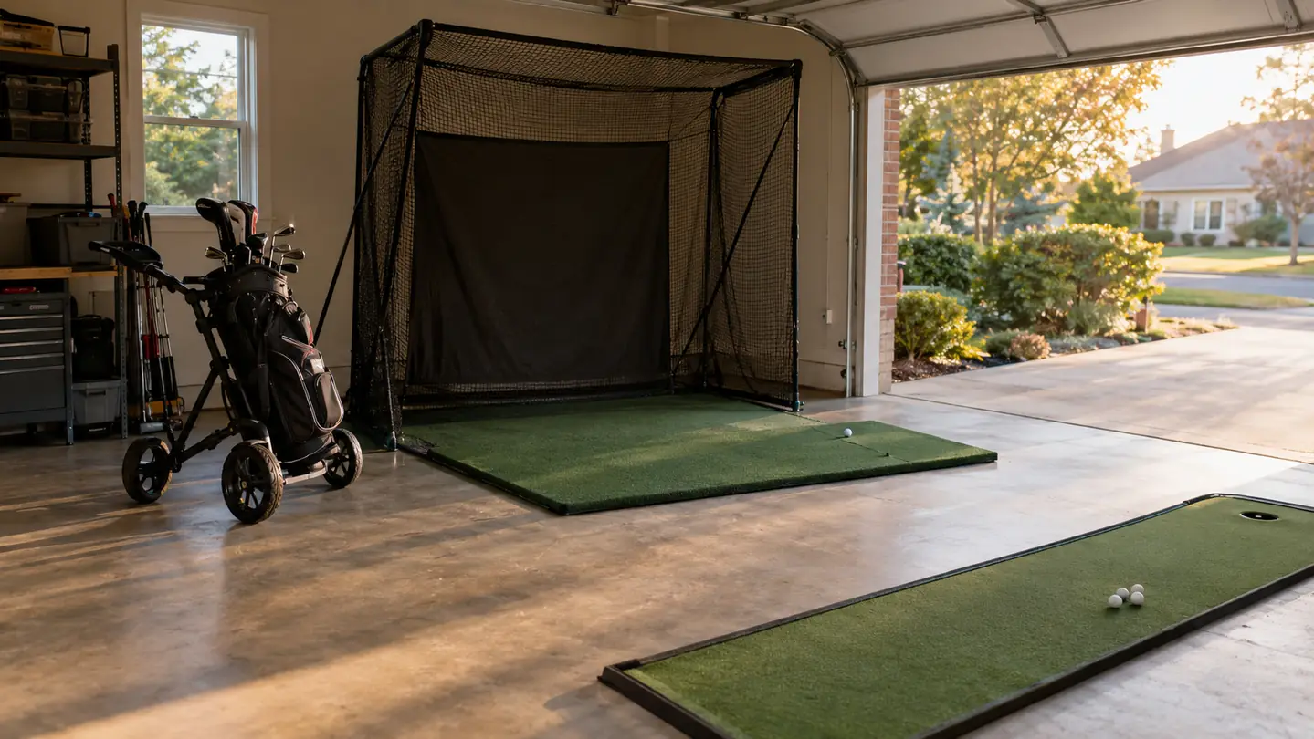 An older golfer practicing his swing into a hitting net in a tidy home garage
