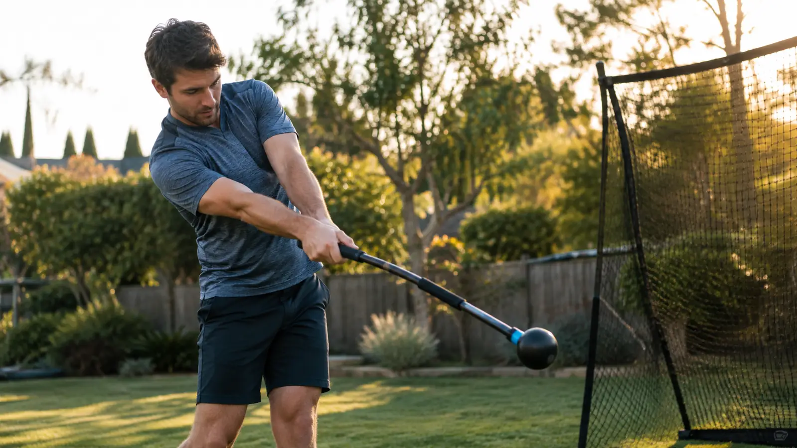 A golfer swinging a weighted trainer in a backyard with a practice net