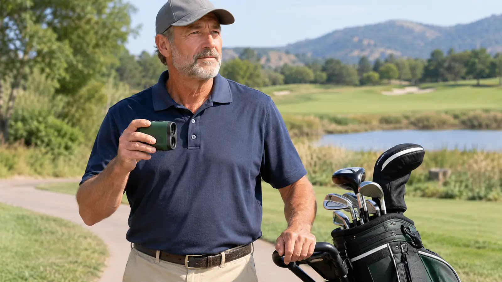 A golfer holding a rangefinder while standing next to a golf bag on a cart path