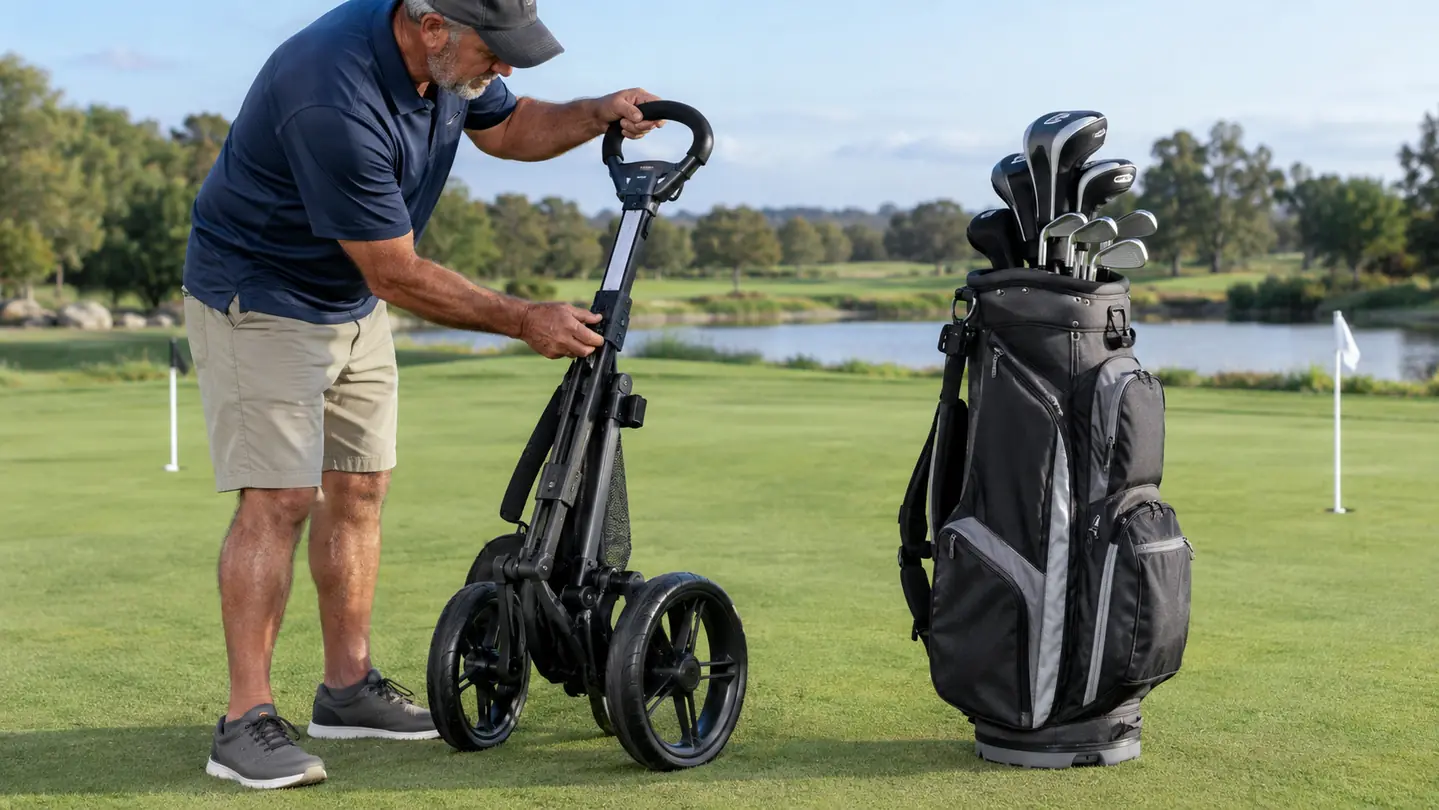 A golfer's hands adjusting the handle height on a folded three-wheel push cart beside a golf bag