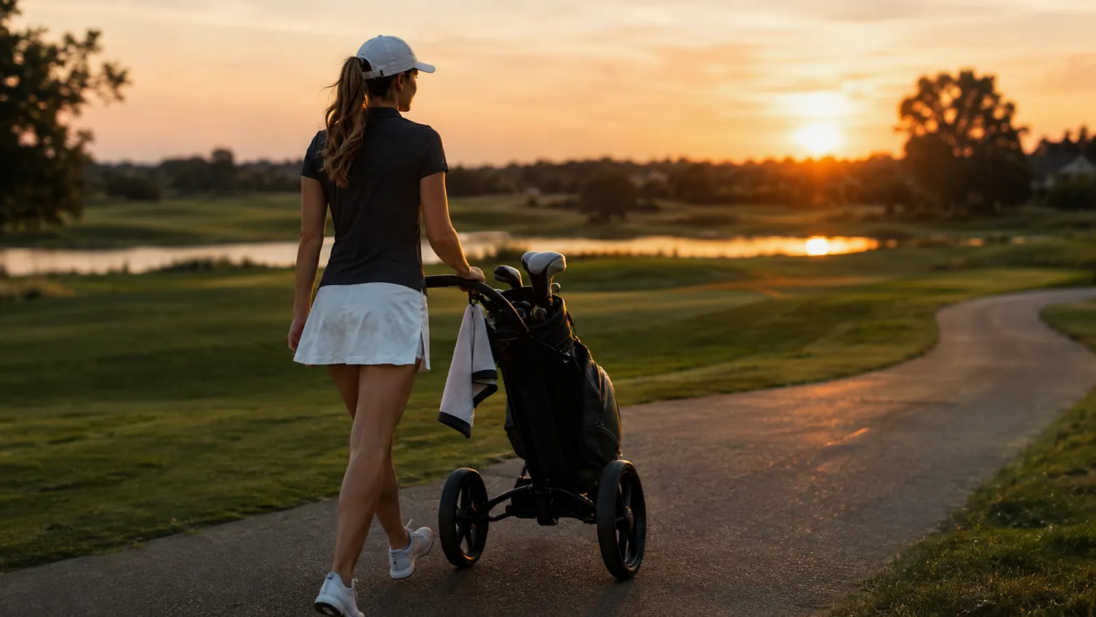 A golfer walking a cart path at dusk with a push cart and a small towel draped over the handle
