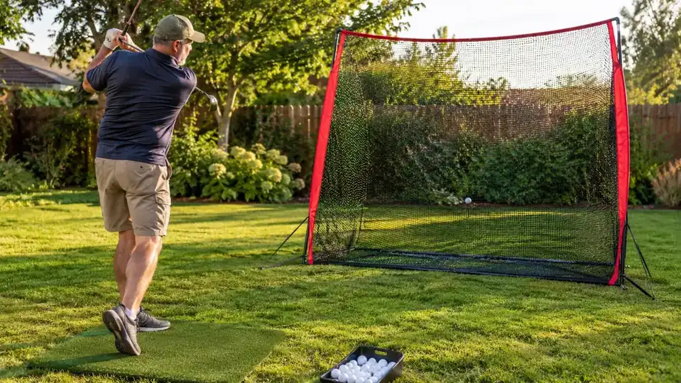 A golfer hitting a ball into a large practice net set up in a backyard