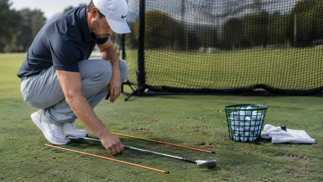 A golfer arranging alignment sticks and a towel on the ground in front of a backyard hitting net