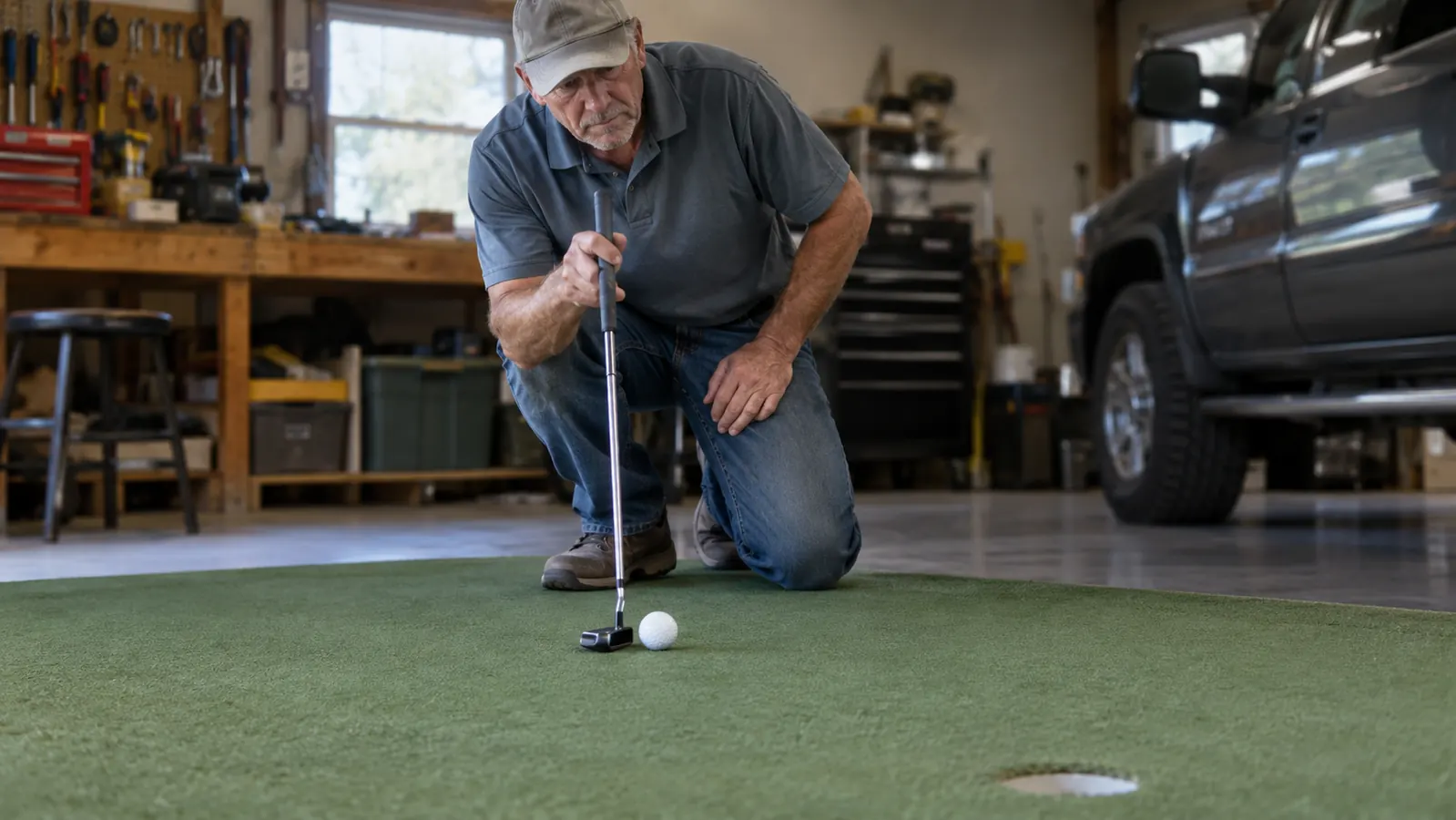 An older golfer kneeling to line up a putt on a home putting green in a garage, putter held over the ball