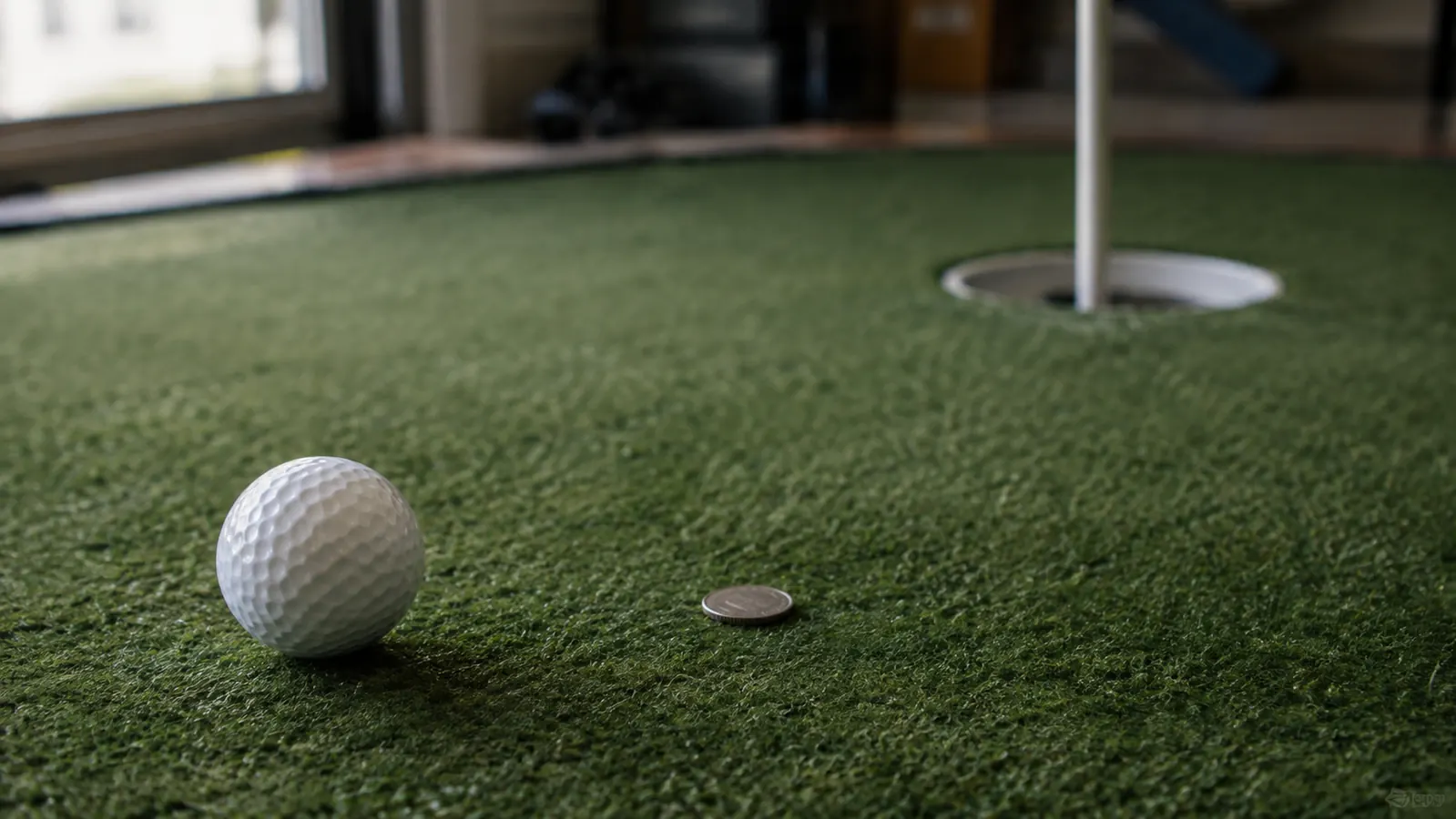 Close view of a golf ball sitting a few feet from the cup on a home putting green with a coin used as a target nearby