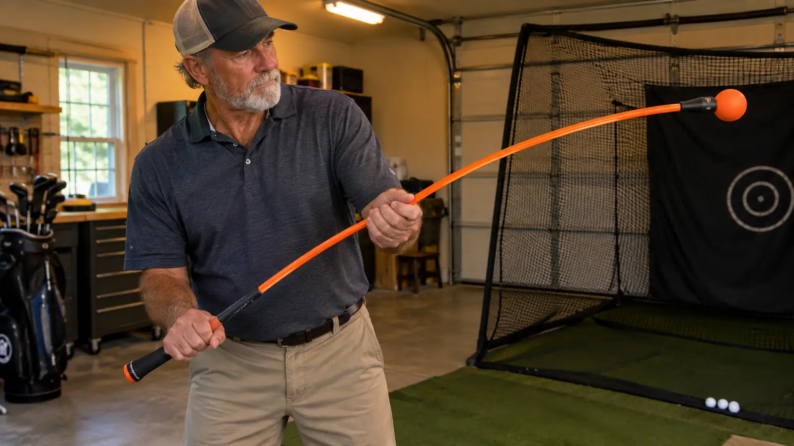 A golfer holding a weighted training aid beside a practice net in a garage