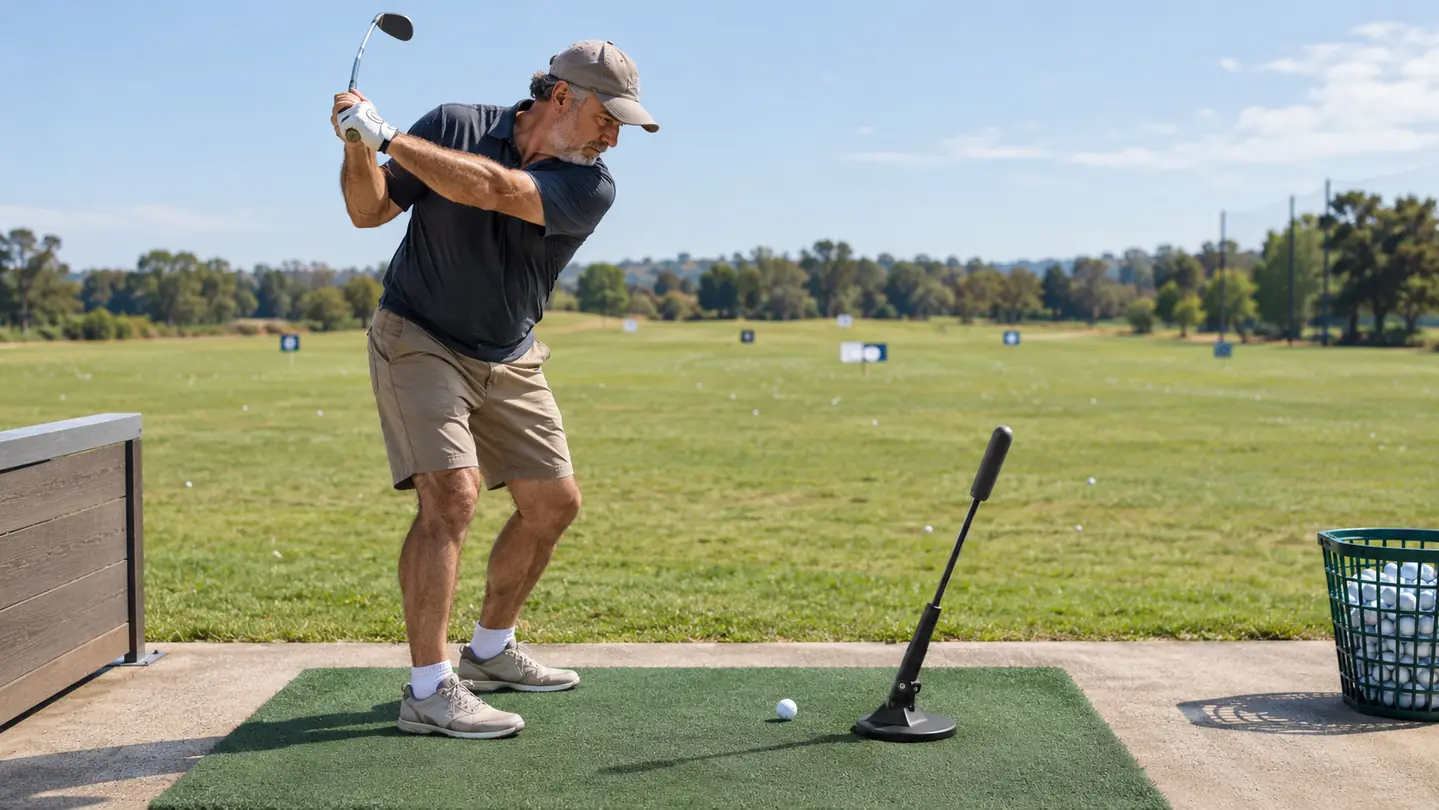 A golfer holding a weighted training aid with a grip and a weighted end, standing on a driving range mat