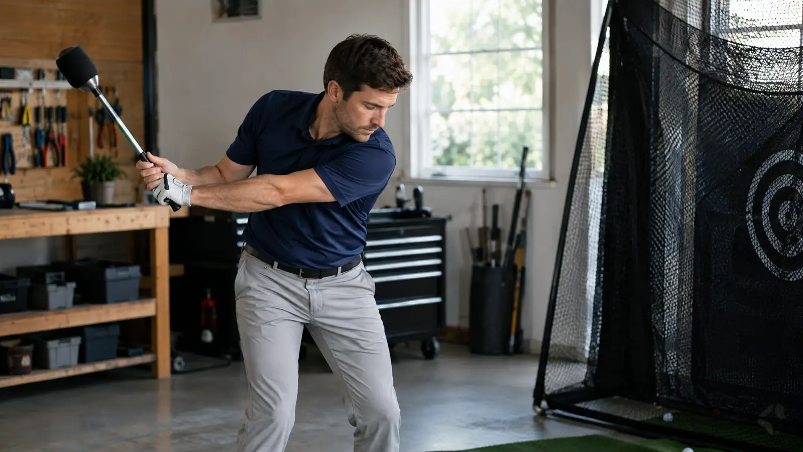 A golfer doing slow-motion practice swings with a weighted training aid beside a garage practice net