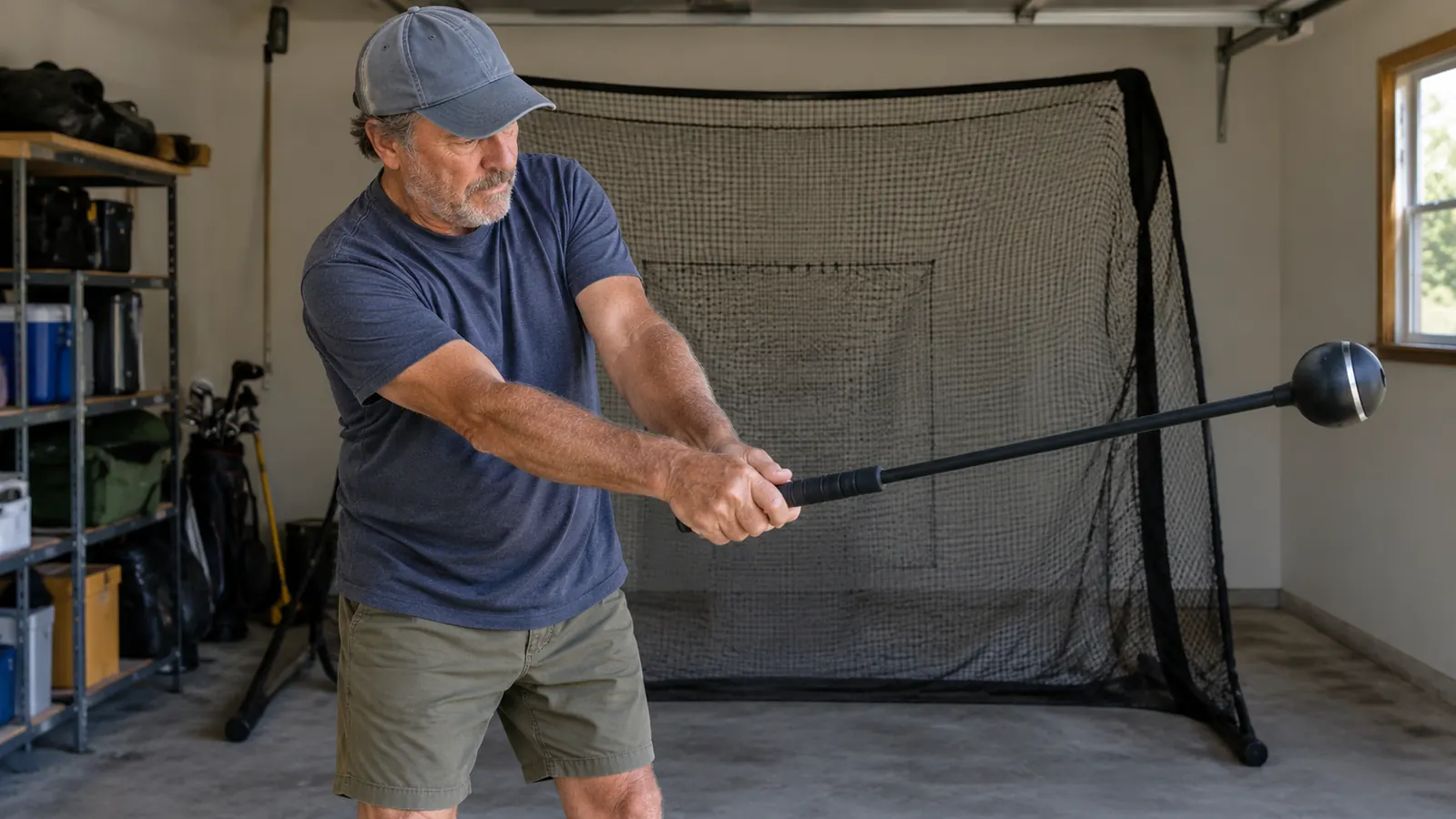 A golfer holding a weighted training club beside a practice net in a garage