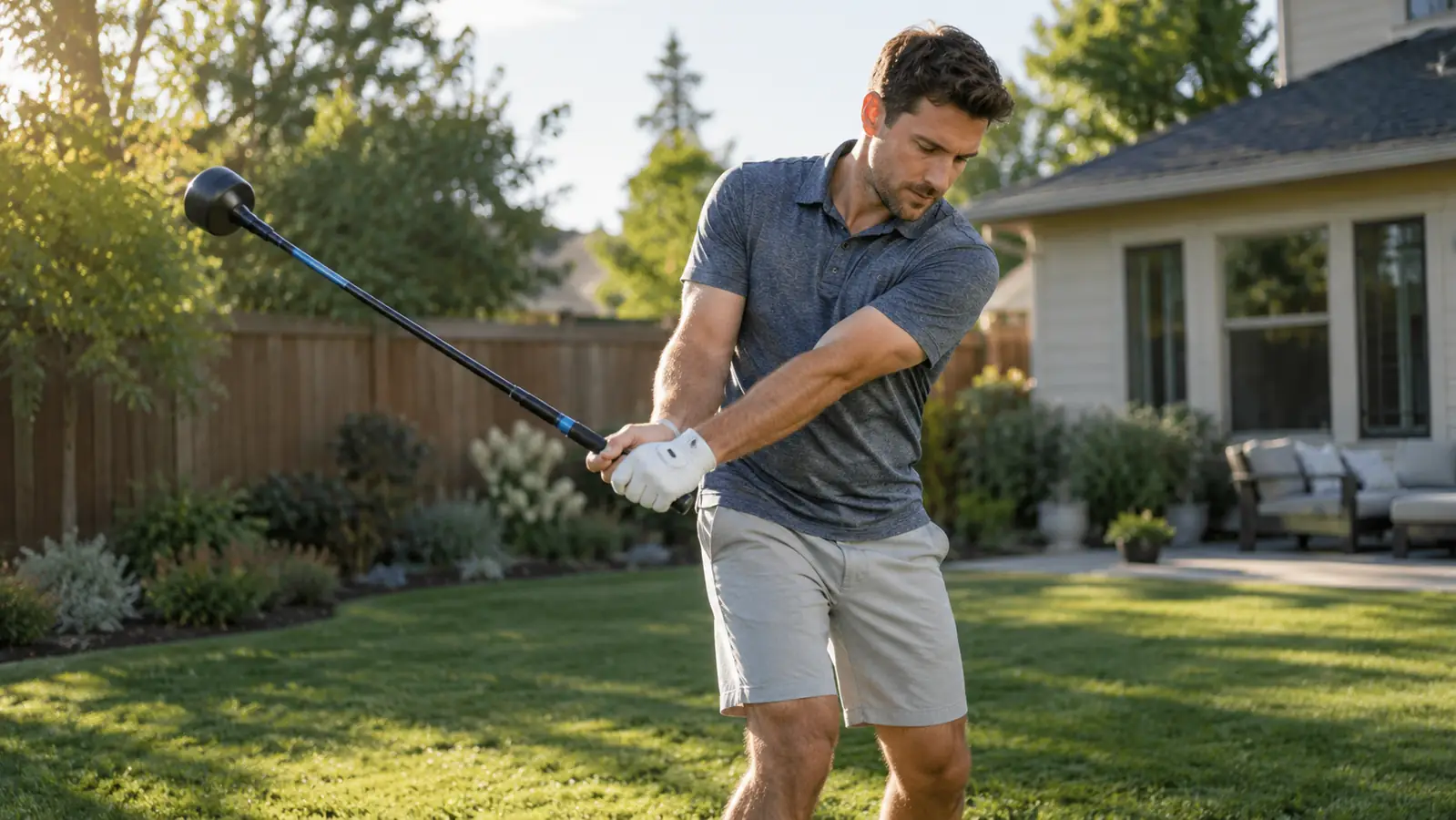 A golfer practicing a slow tempo swing with a weighted training club on a lawn