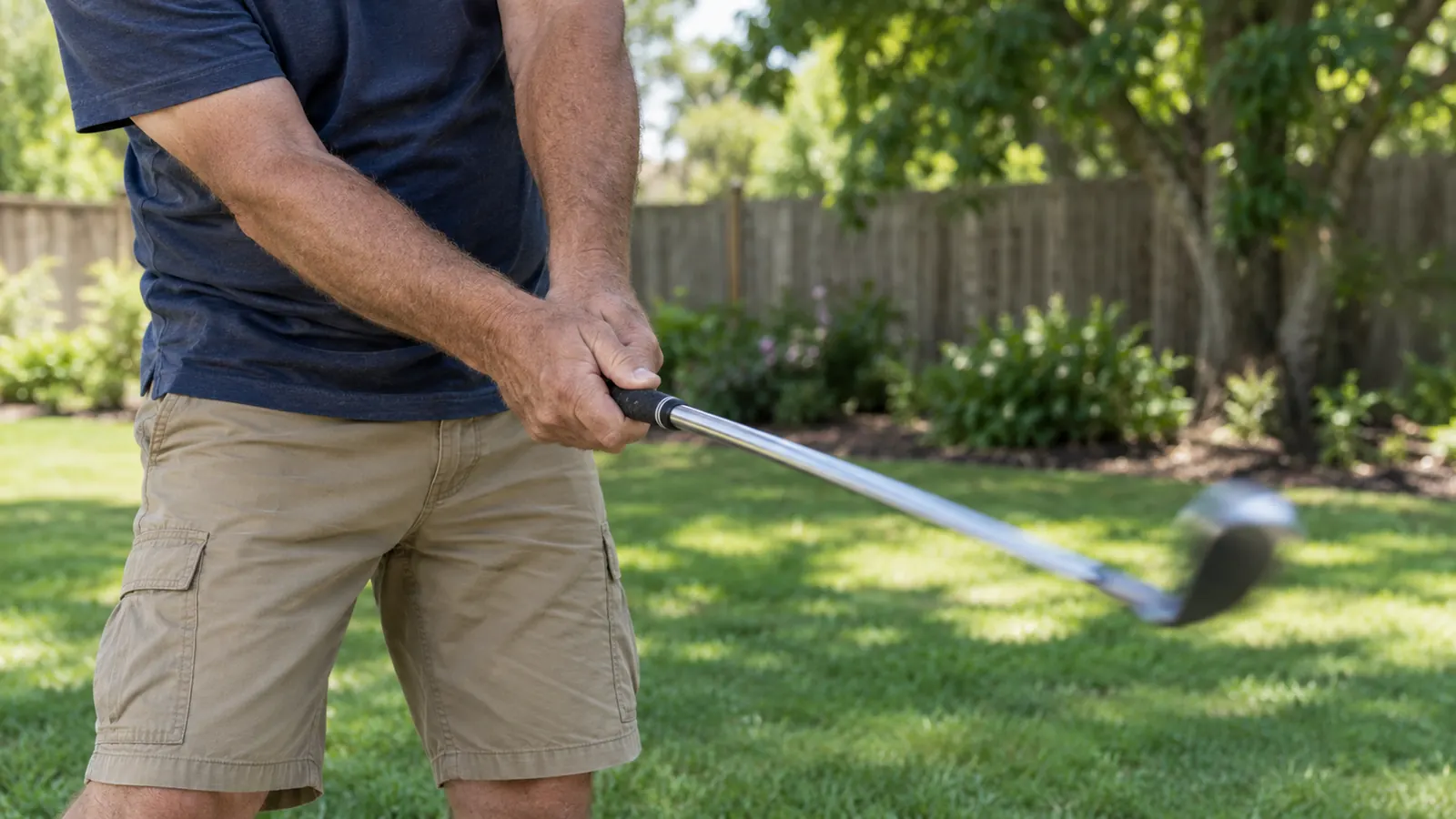 A golfer's hands gripping a weighted swing trainer during a slow practice swing in a backyard