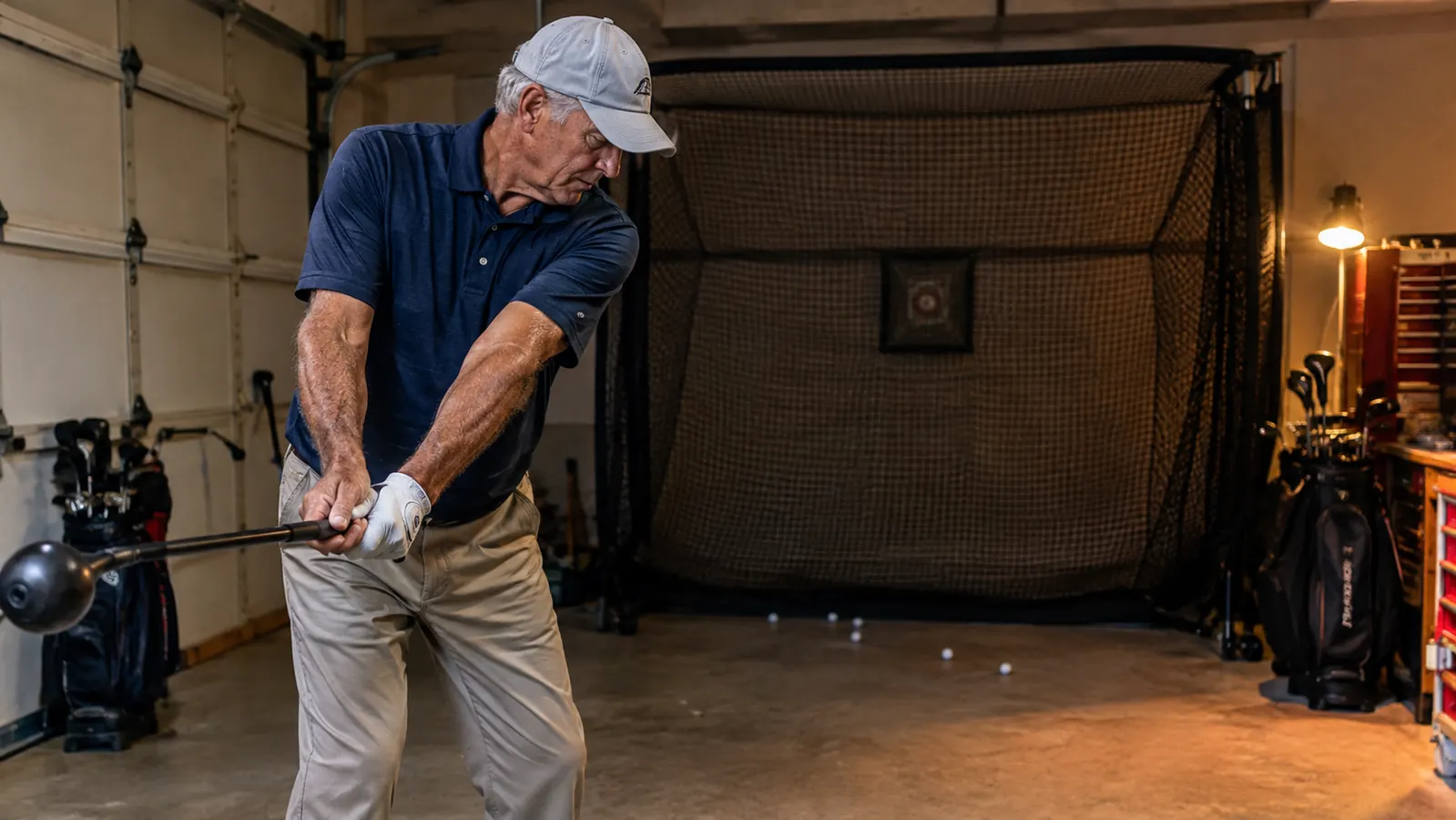 A golfer practicing a smooth tempo swing with a weighted trainer in front of a practice net in a garage