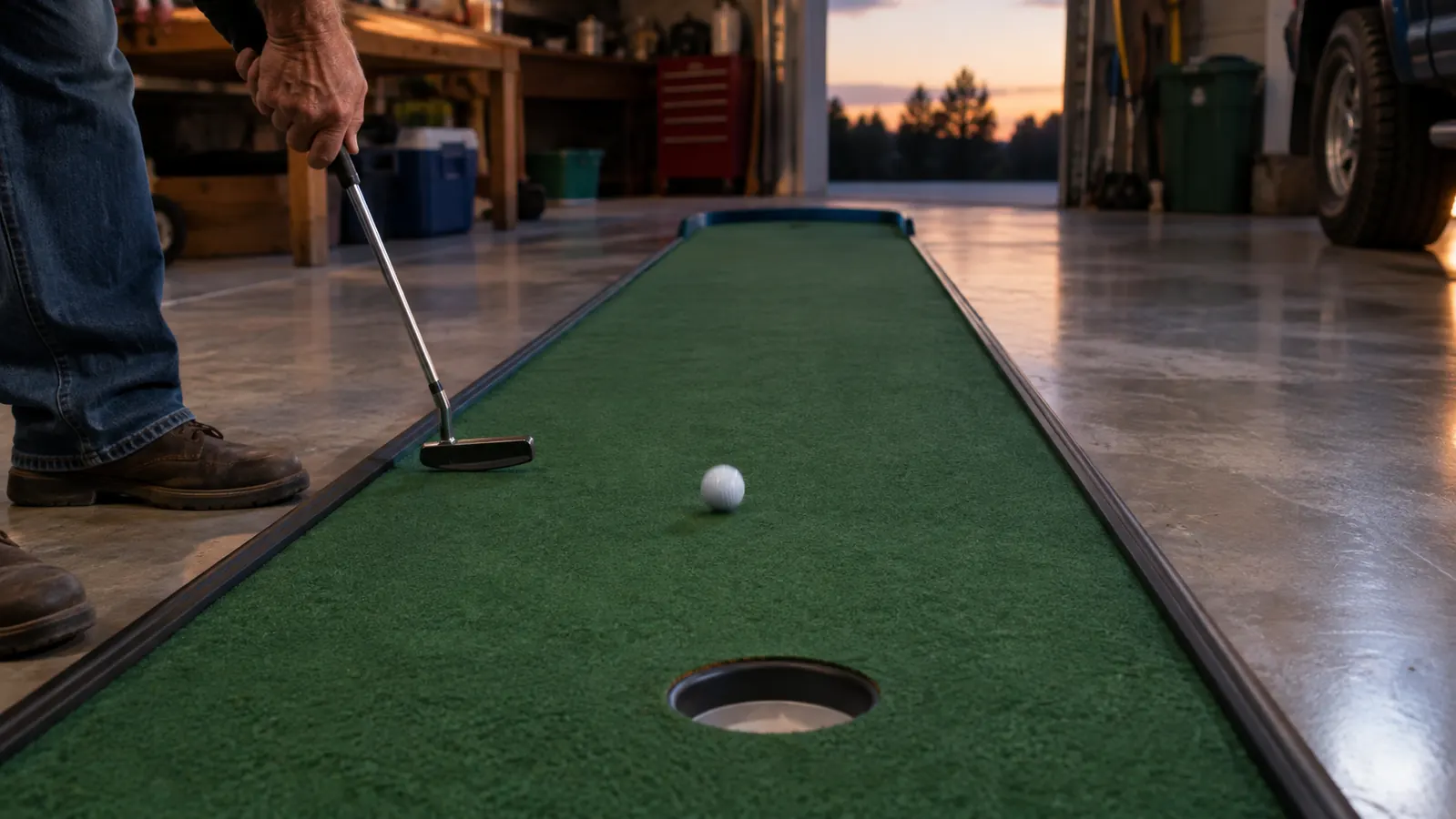 A golf ball rolling across the putting green toward a cup