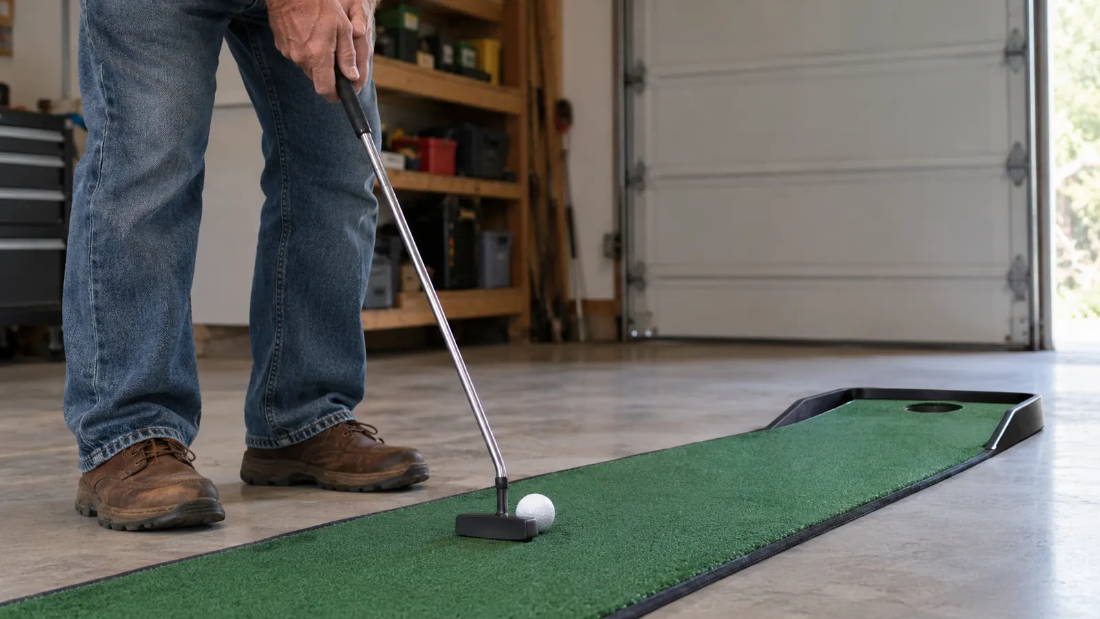 Close view of a putter striking a golf ball on a practice putting mat indoors.
